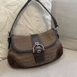 Coach Brown Signature Canvas Shoulder Bag with Dark Leather Trim